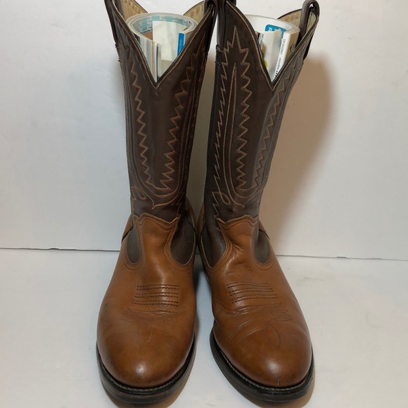 Brown Two Tone Leather Round Toe Cowboy Boots - Picture 2 of 8